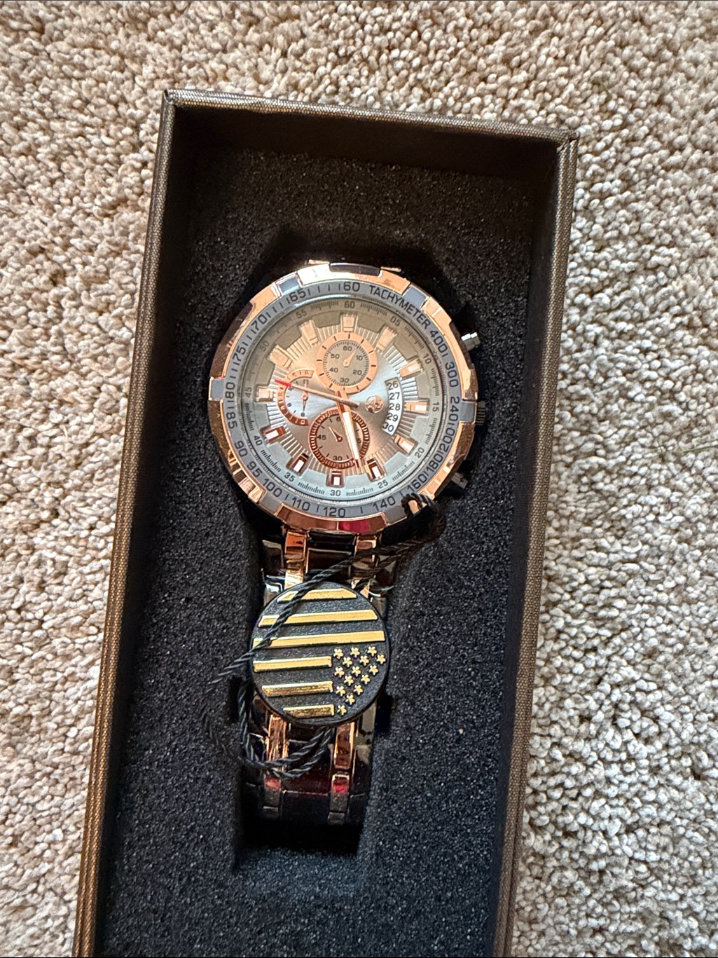 Rose Gold Chronograph Watch With Blue Dial